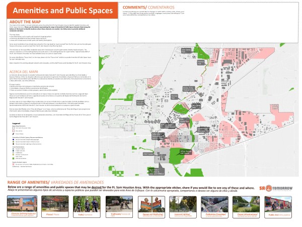 Áreas de enfoque servicios y espacios públicos Usando el mapa interactivo seleccione el pin apropiado y colóquelo (arrastrar y soltar) en el mapa donde le gustaría ver ese tipo de servicio o función de espacio público. El mapa muestra el límite de todo el Centro Regional del Área de Fort Sam Houston. Puede hacer zoom en el mapa y colocar marcadores en cualquier lugar dentro del Área del plan y compartir sus pensamientos escribiendo en la sección de comentarios.