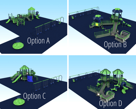 The following 4 photos are tentative design plans for a new playground at Dolly Graham park. Please select which design you like best.