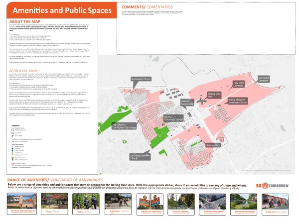 Áreas de enfoque servicios y espacios públicos Usando el mapa interactivo seleccione el pin apropiado y colóquelo (arrastrar y soltar) en el mapa donde le gustaría ver ese tipo de servicio o función de espacio público. El mapa muestra el límite de todo el Centro Regional de Roling Oaks. Puede hacer zoom en el mapa y colocar marcadores en cualquier lugar dentro del Área del plan y compartir sus pensamientos escribiendo en la sección de comentarios.